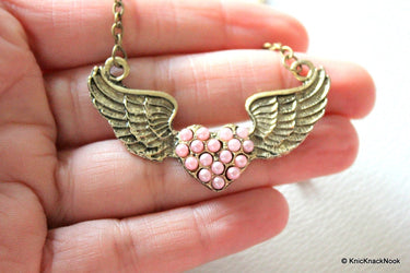 1 x Heart Shape With Angel Wings Pink and Bronze Pendant